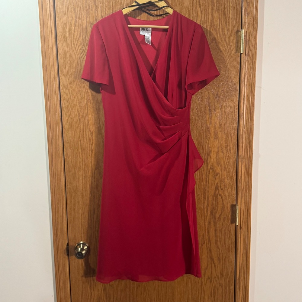 Vintage JBS Ltd Red Faux Wrap Chiffon‎ Midi Dress Womens 12 Short Sleeve 932282
